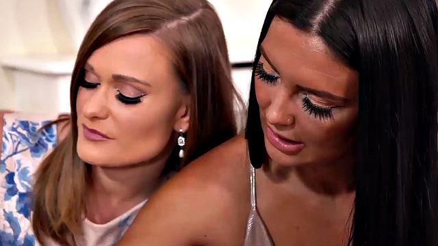 Kinky CFNM brunettes in high heels stroke and finger each other's twats in a wild threesome