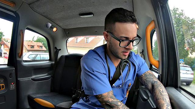 A special thanks for your service: a bald chick in glasses gives a titjob, gets fucked in the car and glasses on