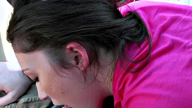 Brunette bombshell takes a hard pounding in car POV