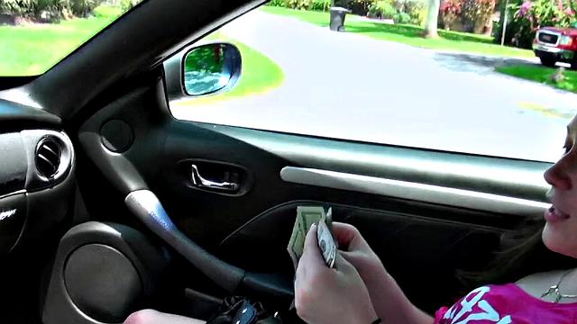 Brunette bombshell takes a hard pounding in car POV