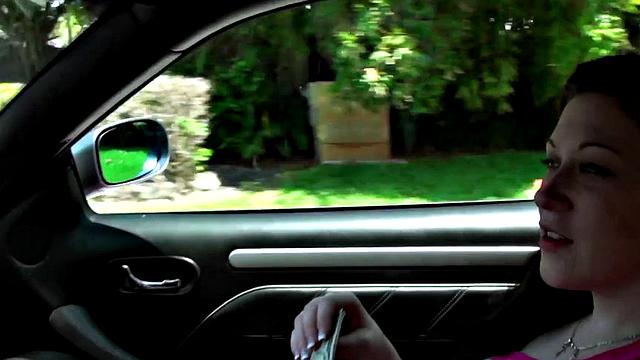 Brunette bombshell takes a hard pounding in car POV