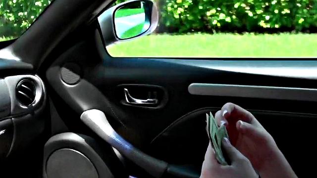 Brunette bombshell takes a hard pounding in car POV