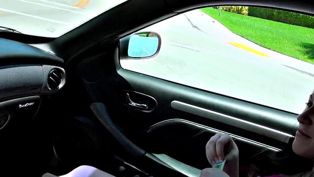 Brunette bombshell takes a hard pounding in car POV