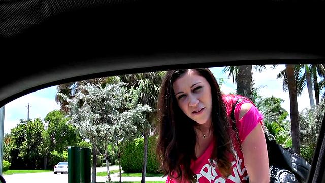 Brunette bombshell takes a hard pounding in car POV