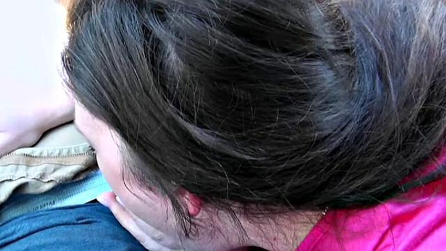 Brunette bombshell takes a hard pounding in car POV