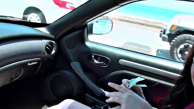 Brunette bombshell takes a hard pounding in car POV