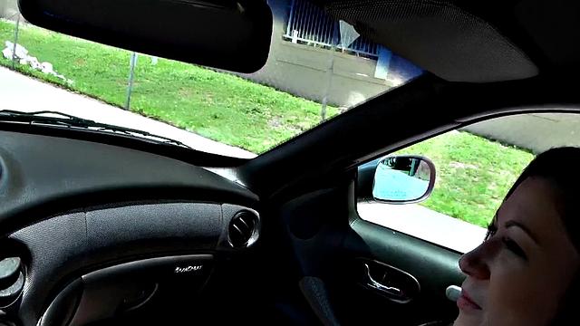 Brunette bombshell takes a hard pounding in car POV