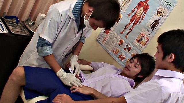 College Asian twink fucked in doctor 3way till cum on face