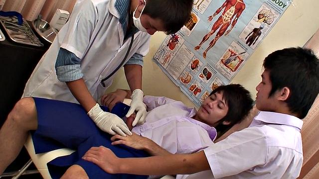 College Asian twink fucked in doctor 3way till cum on face