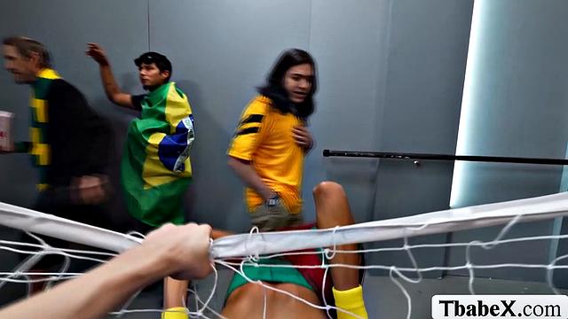 Lucky soccer fan fucks TS security's ass