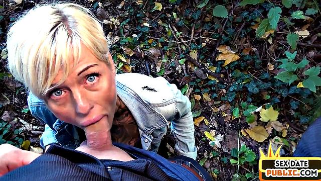 Real outdoor blowjob with amateur slut with short pixie cut