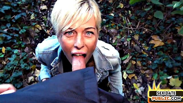 Real outdoor blowjob with amateur slut with short pixie cut