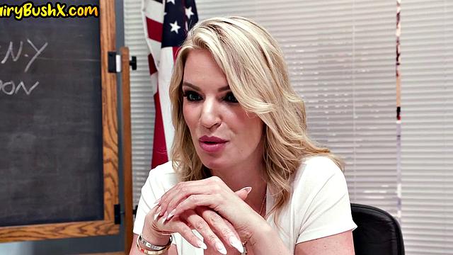 Hairypussy teacher fucked in FFM on college by student