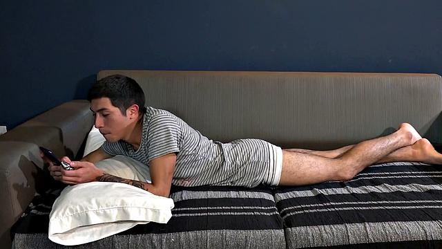 With Diego belly down on a sofa, his daddy is quick to strip him naked and shove a dildo up his ass. Then the boy gives Elio a blow job, before hopping on the mature man's stiff dick for a raw ride.