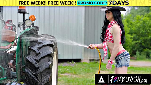 FEMBOYISH - Ranch Owner Marcus McNeil Fucks Cowgirl Femboy Sydney Next To His Tractor