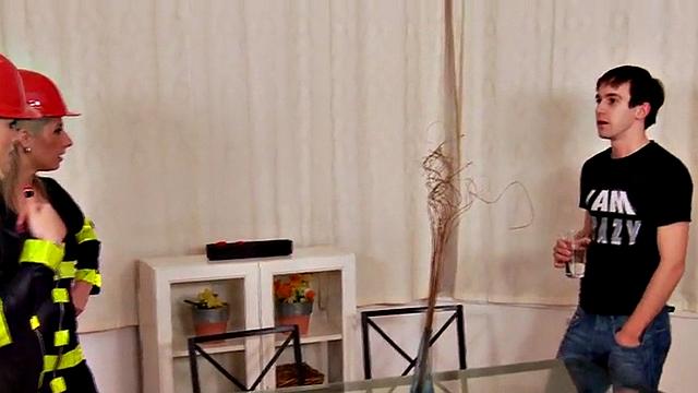 Pegging firefighter pegs sissy in 3some with strapon