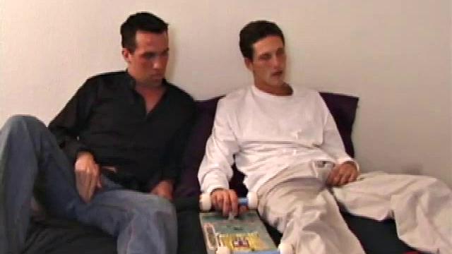 Kicking back on a futon watching straight porn, Seth and Allen rub the growing bulges in their pants. Allen easily takes Seth's sizeable meat all the way down his throat.