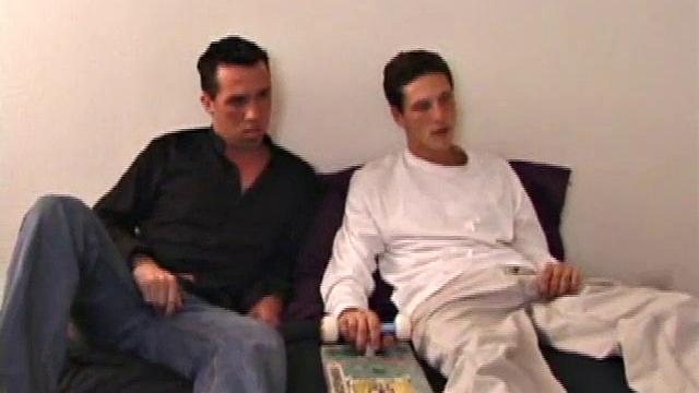 Kicking back on a futon watching straight porn, Seth and Allen rub the growing bulges in their pants. Allen easily takes Seth's sizeable meat all the way down his throat.