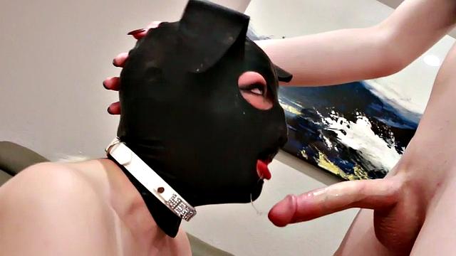 Dominant TS with glasses sucked by puppy mask lady