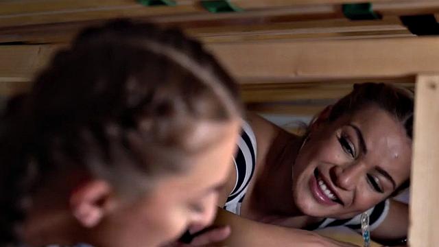 FFM threesome hostel sex with medium titted babes