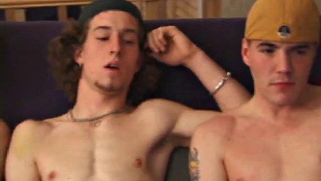 Stephen and Timmy watch porn as Adam joins them. All three naked, stroking cocks. Stephen's lips around Adam's dick.