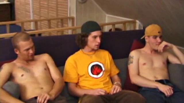 Stephen and Timmy watch porn as Adam joins them. All three naked, stroking cocks. Stephen's lips around Adam's dick.