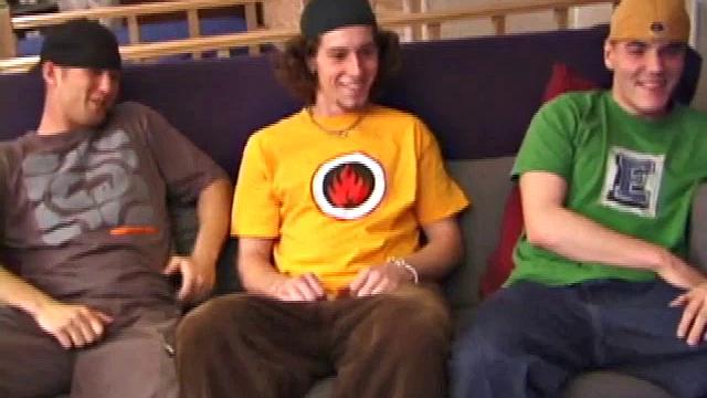 Stephen and Timmy watch porn as Adam joins them. All three naked, stroking cocks. Stephen's lips around Adam's dick.