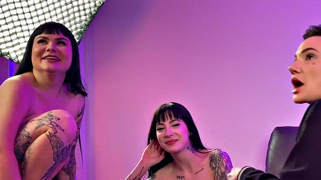 BTS lesbian tattooed strapon fucks 21yo in 3some