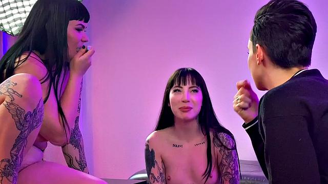 BTS lesbian tattooed strapon fucks 21yo in 3some