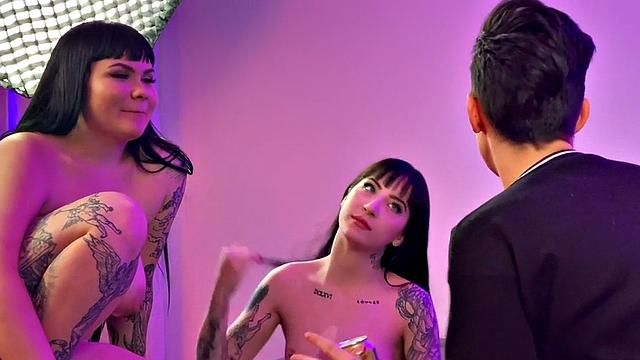 BTS lesbian tattooed strapon fucks 21yo in 3some