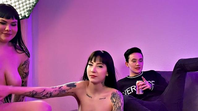 BTS lesbian tattooed strapon fucks 21yo in 3some