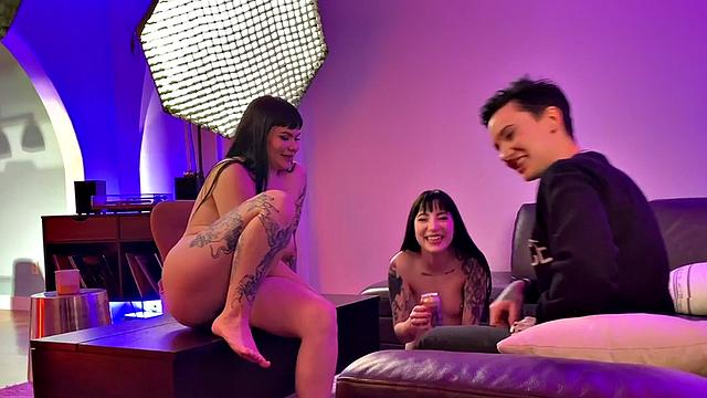 BTS lesbian tattooed strapon fucks 21yo in 3some