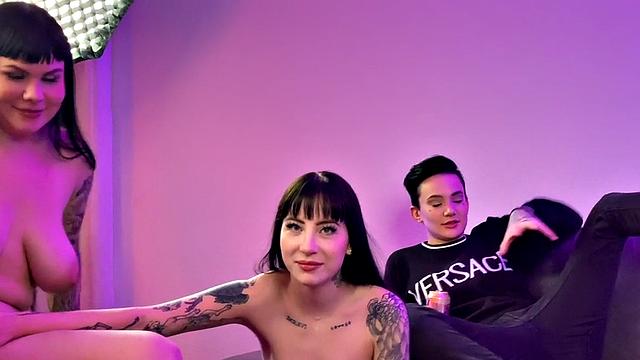 BTS lesbian tattooed strapon fucks 21yo in 3some