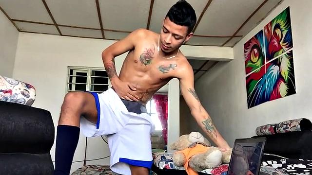 Juan is a rough Latin boy, who gives us a peek at his butt, and then bones up inside his underwear. The inked young man eventually sits and pulls his big dick out the leg of his undies and gives it some attention.