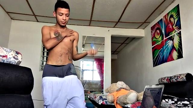 Juan is a rough Latin boy, who gives us a peek at his butt, and then bones up inside his underwear. The inked young man eventually sits and pulls his big dick out the leg of his undies and gives it some attention.