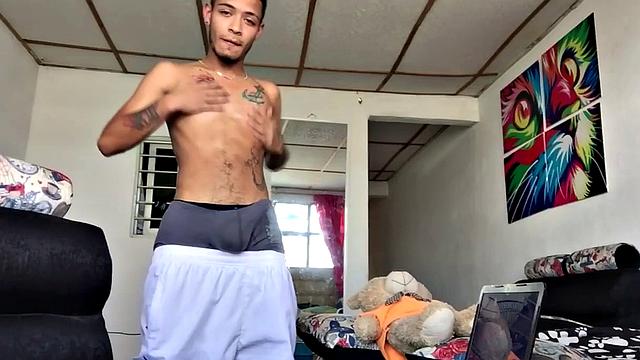 Juan is a rough Latin boy, who gives us a peek at his butt, and then bones up inside his underwear. The inked young man eventually sits and pulls his big dick out the leg of his undies and gives it some attention.