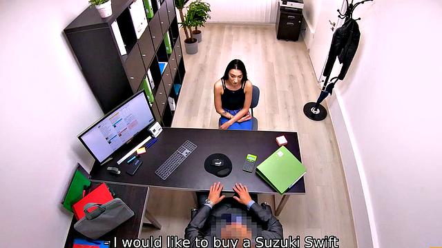 Naughty Brunette in jeans & reverse cowgirl POV interview with loan officer