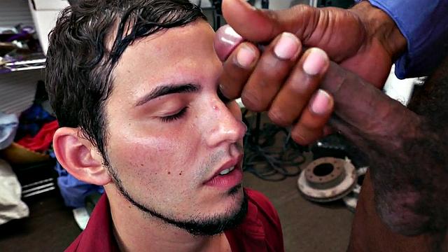 White stud fucked in office by black cock for facial