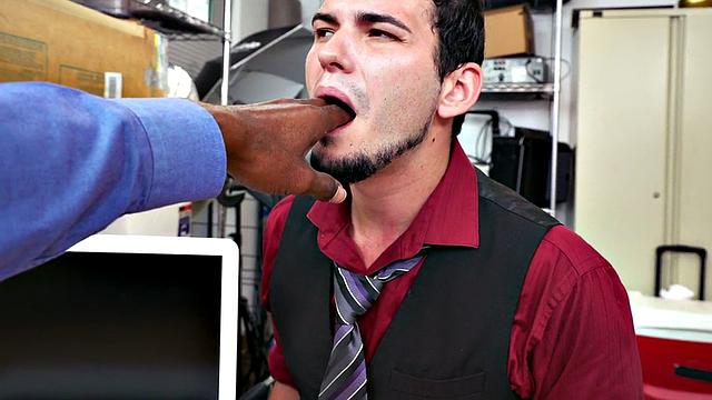 White stud fucked in office by black cock for facial