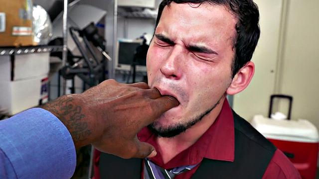 White stud fucked in office by black cock for facial