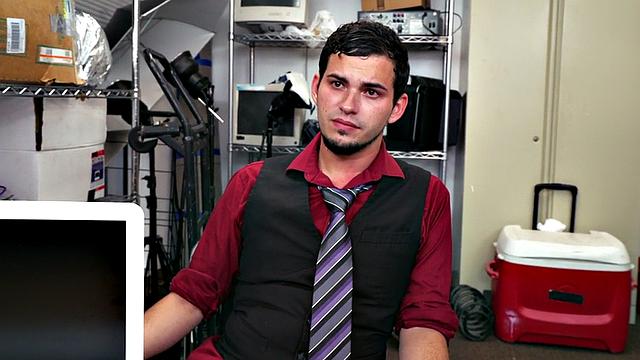 White stud fucked in office by black cock for facial