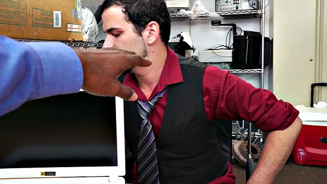 White stud fucked in office by black cock for facial