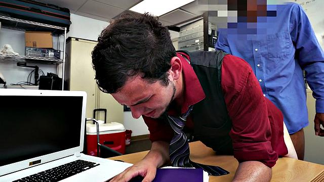 White stud fucked in office by black cock for facial