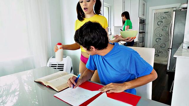 Stepmom with small tits teaches stepson how to blow and gets a hot threesome