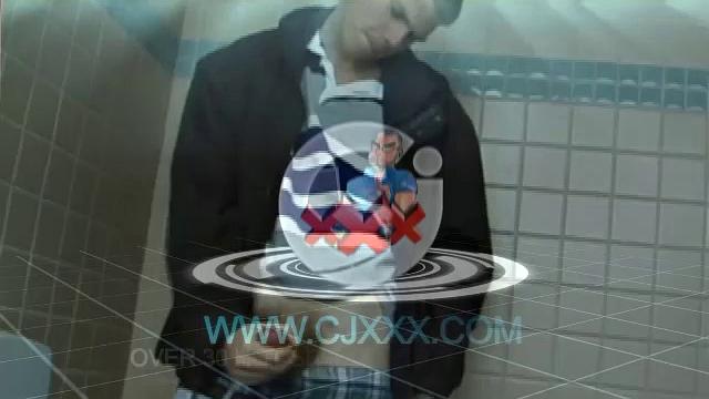 We catch up with Christian on an outdoor stairway. He leads us to a men's room with glory holes. Tere, Christian jacks off to photos in a straight porn magazine.