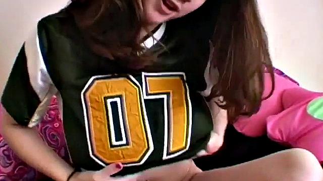 Busty teen strips off American jersey