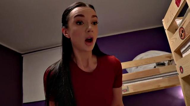 Horny busty babe gets a taste of BBC in a hostel room reverse cowgirl threesome