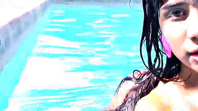 Tobie teen masturbating outdoors by the pool