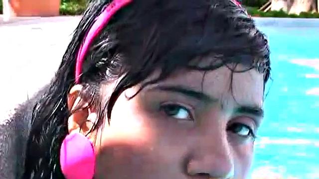 Tobie teen masturbating outdoors by the pool