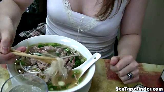 Teen gets naughty sucking cock in public